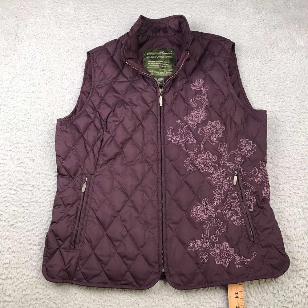 Eddie Bauer Vest Womens M Purple Floral Embroidery Goose Down Insualted Puffer